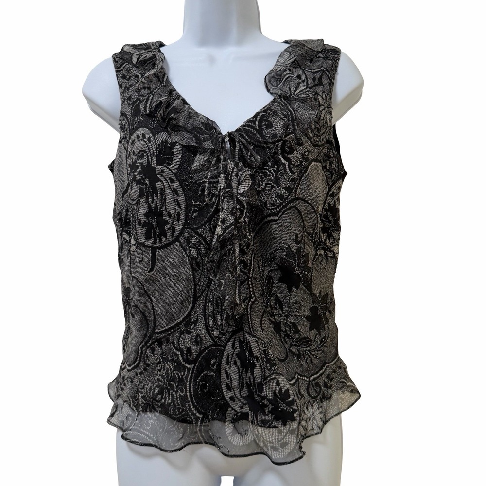 VTG ECI New York‎ Silk Floral Ruffle Beaded Tank Top Size S Black Whimsigoth Y2K